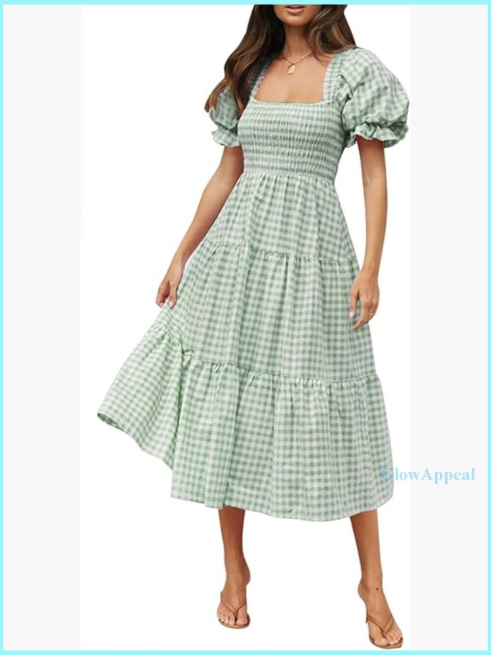 Women's Bohemian Puff Sleeve Square Neck Midi Dress Summer Beach